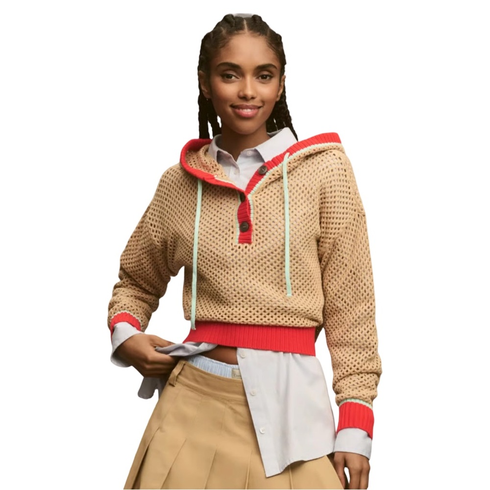 Maeve Beige Cropped Hooded Sweater with Red Trim